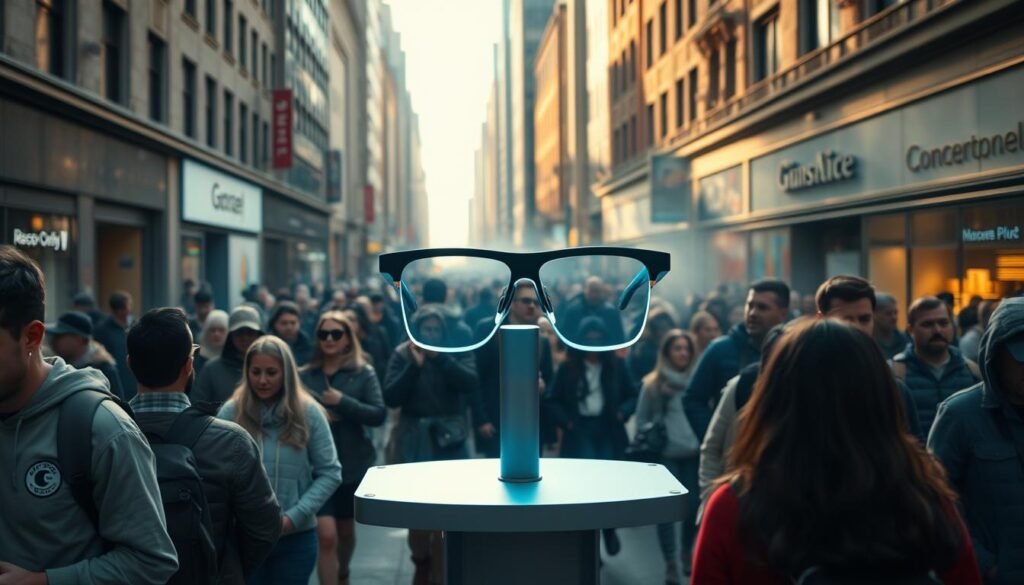 A busy city street, with a diverse crowd of people passing by. In the center, a futuristic-looking display stands out, showcasing the latest Google Glass prototype. The device's sleek design and discreet frame catch the eye, while the reactions of onlookers range from curiosity to skepticism. The lighting is a mix of warm, natural sunlight and the cool, artificial glow of the display, creating an intriguing contrast. The perspective is slightly elevated, allowing for a panoramic view of the scene, capturing the dynamic interplay between the technology and the people's perceptions. An atmospheric haze adds a sense of mystery and contemplation to the overall composition. A busy city street, with a diverse crowd of people passing by. In the center, a futuristic-looking display stands out, showcasing the latest Google Glass prototype. The device's sleek design and discreet frame catch the eye, while the reactions of onlookers range from curiosity to skepticism. The lighting is a mix of warm, natural sunlight and the cool, artificial glow of the display, creating an intriguing contrast. The perspective is slightly elevated, allowing for a panoramic view of the scene, capturing the dynamic interplay between the technology and the people's perceptions. An atmospheric haze adds a sense of mystery and contemplation to the overall composition.