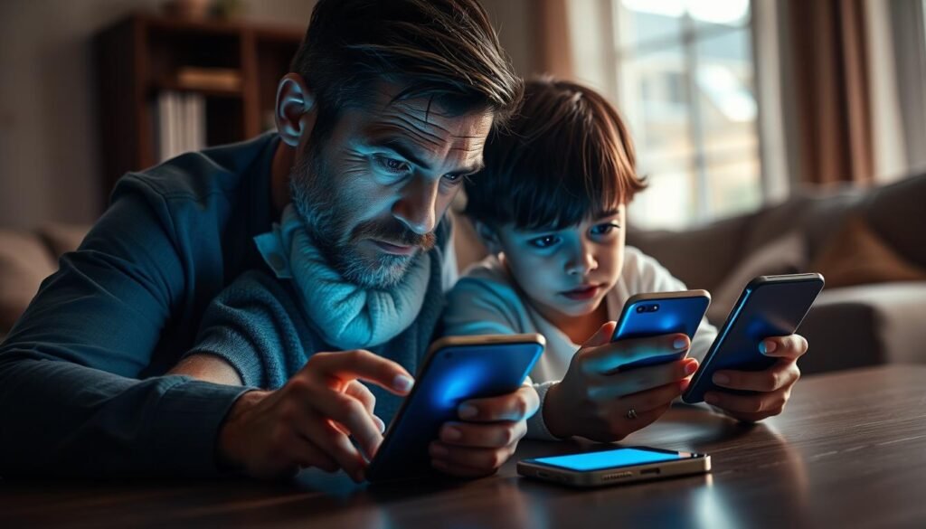 A concerned parent and a young child are sitting together at a table, surrounded by smartphones displaying social media apps, casting dim blue light on their faces. The parent, portrayed in professional attire, looks intently at the child, who appears distracted and overwhelmed by the notifications, showing a mix of anxiety and confusion. In the background, a blurred living room setting symbolizes a warm home environment, contrasting with the cold glow of the screens. Soft, natural lighting filters through a window, creating an intimate yet serious atmosphere that emphasizes the need for communication. The angle captures both their expressions and the growing divide caused by social media's influence, suggesting an urgent conversation about its negative impact on children. A concerned parent and a young child are sitting together at a table, surrounded by smartphones displaying social media apps, casting dim blue light on their faces. The parent, portrayed in professional attire, looks intently at the child, who appears distracted and overwhelmed by the notifications, showing a mix of anxiety and confusion. In the background, a blurred living room setting symbolizes a warm home environment, contrasting with the cold glow of the screens. Soft, natural lighting filters through a window, creating an intimate yet serious atmosphere that emphasizes the need for communication. The angle captures both their expressions and the growing divide caused by social media's influence, suggesting an urgent conversation about its negative impact on children.