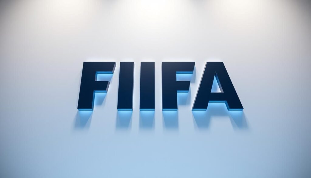 A detailed, photorealistic image of the FIFA logo, rendered in 3D with a high level of detail and realism. The logo should be displayed prominently in the center of the frame, with a clean, minimalist background that complements the design. The lighting should be soft and diffused, creating a sense of depth and dimension. The camera angle should be slightly elevated, giving the image a sense of authority and importance, reflecting the significance of FIFA in the world of sports. The overall mood should be professional, authoritative, and visually striking, capturing the essence of the global football governing body.