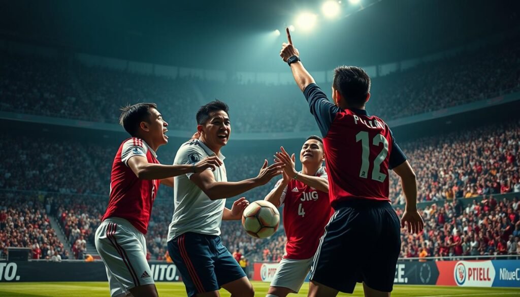 A dramatic, high-tension soccer match unfolds, as two players collide and the ball inadvertently strikes a player's hand. Overhead, the referee's whistle blows, signaling a controversial handball decision. In the foreground, the players argue passionately, their faces etched with frustration and disbelief. The stadium crowd, rendered in sharp detail, reacts with a mix of outrage and uncertainty. The lighting is dramatic, casting deep shadows and highlights that heighten the emotional intensity. The camera angle is pulled back, capturing the full scope of the scene, from the players on the field to the stands filled with fervent fans. This image encapsulates the ongoing debate around handball rules and their relevance to the unique challenges of Indonesian soccer.