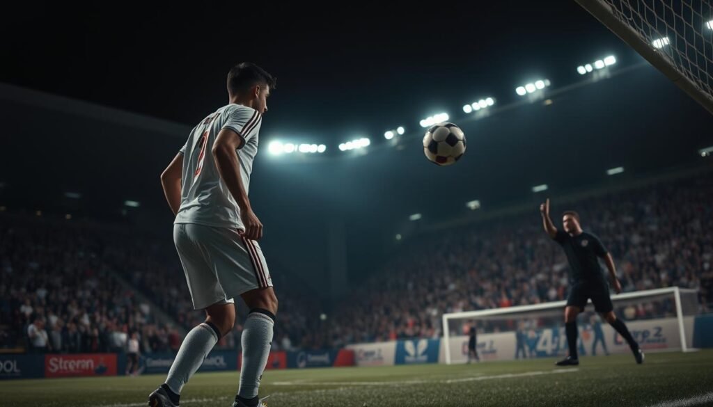 A focused handball penalty kick in a dramatic Liga 2 match, captured with a wide angle lens. The player stands poised, their body tense with concentration, as the goalkeeper crouches in anticipation. The floodlit stadium casts long shadows, creating a moody, cinematic atmosphere. The packed stands blur in the background, their roar of anticipation palpable. The ball hovers in mid-air, its trajectory uncertain, as the referee's whistle echoes across the pitch. This is the climactic moment where a single kick could decide the game. A focused handball penalty kick in a dramatic Liga 2 match, captured with a wide angle lens. The player stands poised, their body tense with concentration, as the goalkeeper crouches in anticipation. The floodlit stadium casts long shadows, creating a moody, cinematic atmosphere. The packed stands blur in the background, their roar of anticipation palpable. The ball hovers in mid-air, its trajectory uncertain, as the referee's whistle echoes across the pitch. This is the climactic moment where a single kick could decide the game.