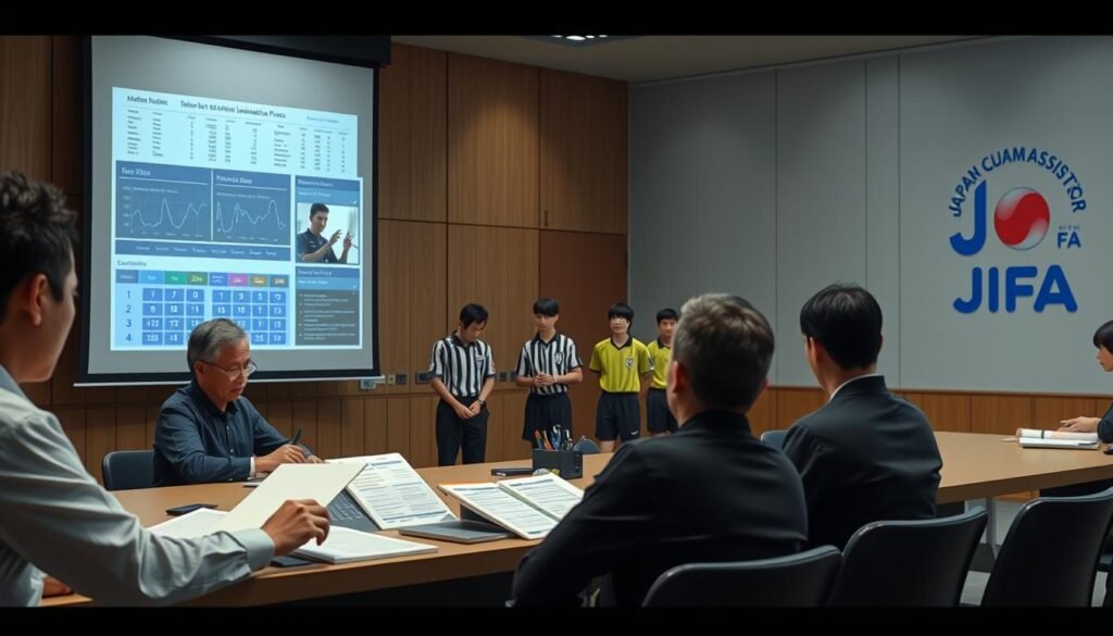 A high-resolution, photorealistic image of the 2023 referee selection and supervision process conducted by the Japan Football Association (JFA). The scene depicts a well-lit conference room with a large projection screen at the front, displaying detailed performance analytics and assessment criteria. In the foreground, a panel of JFA officials intently reviewing files and documents, their expressions conveying the seriousness of the selection process. The middle ground showcases referees undergoing various physical and cognitive tests, their faces reflecting a mix of determination and focus. The background features the JFA logo prominently displayed, reinforcing the institutional authority and rigor of the proceedings. The overall atmosphere radiates a sense of professionalism, transparency, and a commitment to upholding the highest standards in Japanese football officiating.