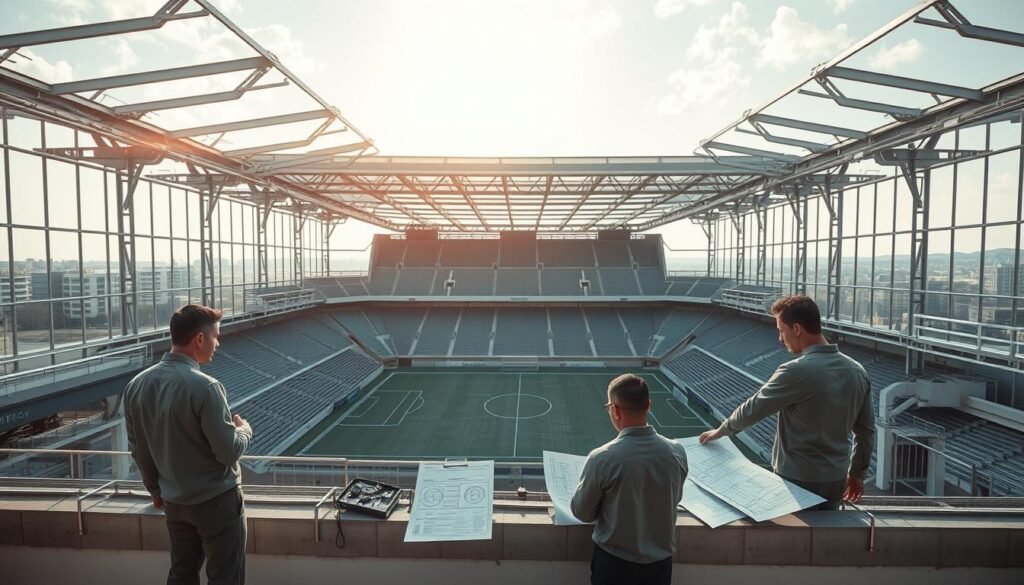 A meticulously engineered rooftop stadium, its structural integrity and safety validated through rigorous inspections. Sunlight filters in through the precisely angled glass panels, casting a warm glow over the intricate web of steel beams and reinforced concrete. Architectural drawings and engineering schematics are spread out, as technicians scrutinize every detail, ensuring compliance with local regulations and FIFA standards. The scene exudes a sense of diligent professionalism, where every aspect, from the sleek, modern design to the thorough validation process, has been carefully considered to create a secure, regulation-compliant mini-stadium atop a residential building.