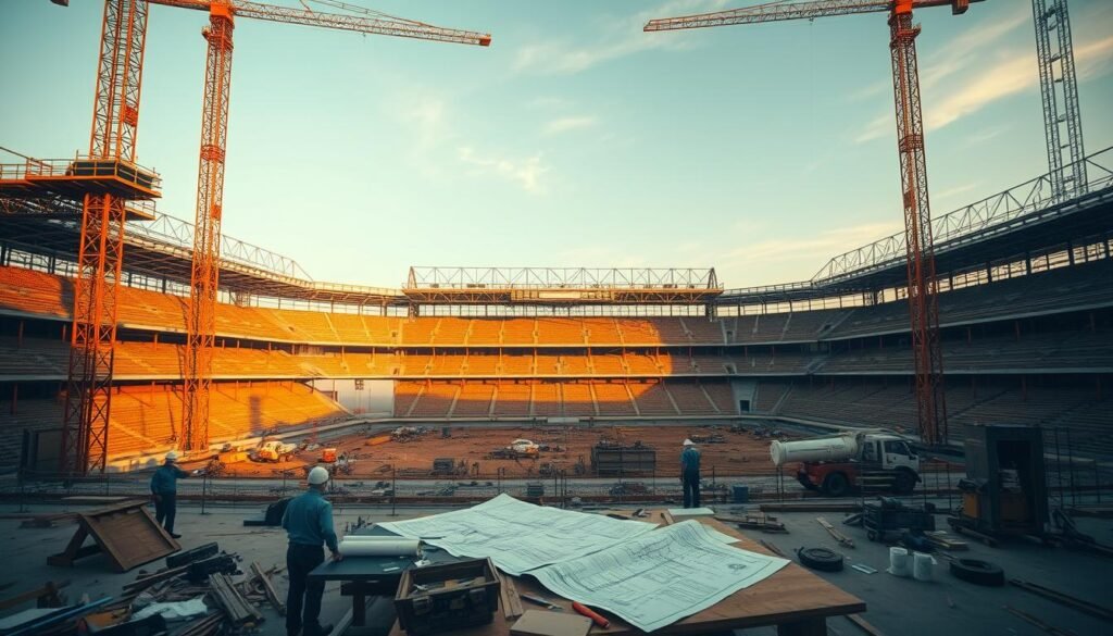 A sprawling construction site of a football stadium, bathed in the golden light of dawn. Towering cranes and scaffolding frame the scene, as hardworking crews meticulously prepare the foundations and lay the groundwork. Detailed plans and blueprints are spread out on makeshift tables, surrounded by an array of tools and equipment. The atmosphere is one of focused determination, as the project takes shape amidst the organized chaos. The camera captures this pivotal stage of the stadium's construction, conveying the meticulous planning and preparation that will ultimately transform this empty plot into a state-of-the-art sporting venue.