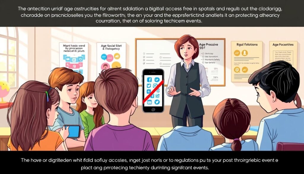 A symbolic illustration of digital age restrictions for children, set in a modern classroom. In the foreground, a diverse group of children, aged 8 to 12, focused on digital screens with expressions of curiosity and caution. In the middle ground, a teacher, wearing professional attire, is explaining guidelines, displaying a smartphone with a crossed-out symbol of social media logos. The background features a bright, cheerful classroom with educational posters about digital safety and age-appropriate technology use. Soft, natural lighting streams through large windows, casting pleasant shadows. The atmosphere is serious yet constructive, conveying a message about responsible digital access for children, with an emphasis on regulations aimed at protecting youth during significant events. A symbolic illustration of digital age restrictions for children, set in a modern classroom. In the foreground, a diverse group of children, aged 8 to 12, focused on digital screens with expressions of curiosity and caution. In the middle ground, a teacher, wearing professional attire, is explaining guidelines, displaying a smartphone with a crossed-out symbol of social media logos. The background features a bright, cheerful classroom with educational posters about digital safety and age-appropriate technology use. Soft, natural lighting streams through large windows, casting pleasant shadows. The atmosphere is serious yet constructive, conveying a message about responsible digital access for children, with an emphasis on regulations aimed at protecting youth during significant events.