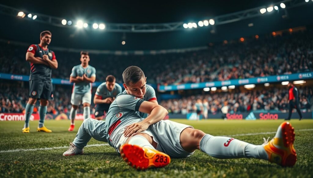 A tense scene capturing a soccer player on the ground, showing signs of injury during a match at EURO 2024. In the foreground, the player, in a national team jersey, has a pained expression, clutching his knee, with sweat glistening on his brow under stadium lights. The middle ground features teammates looking concerned, some kneeling beside him, while others stand with apprehensive expressions. The background showcases an excited crowd in the stadium, blurred slightly to keep the focus on the injured player. The lighting should be dramatic, highlighting the player's distress against the vibrant atmosphere of the match. The angle is low, emphasizing the player's plight in a moment of vulnerability, creating a poignant and emotional mood. A tense scene capturing a soccer player on the ground, showing signs of injury during a match at EURO 2024. In the foreground, the player, in a national team jersey, has a pained expression, clutching his knee, with sweat glistening on his brow under stadium lights. The middle ground features teammates looking concerned, some kneeling beside him, while others stand with apprehensive expressions. The background showcases an excited crowd in the stadium, blurred slightly to keep the focus on the injured player. The lighting should be dramatic, highlighting the player's distress against the vibrant atmosphere of the match. The angle is low, emphasizing the player's plight in a moment of vulnerability, creating a poignant and emotional mood.