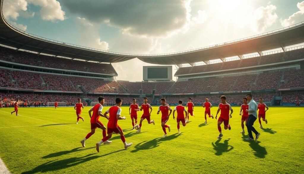 Sweeping panoramic view of the Indonesian national football team, the Timnas Indonesia, training on a lush, verdant pitch. Midfielders orchestrate intricate passing plays as their teammates, in vibrant red and white jerseys, sprint with determination. Towering stadiums loom in the background, their grandstands filled with a passionate, chanting crowd. Sunlight streams down, casting a warm, golden glow over the scene, capturing the energy and pride of the national team. The camera angles shifts, providing a glimpse of the team's dedicated coaching staff, analyzing tactics on a digital touchscreen. This is the heart of Indonesian football, a representation of the country's unwavering spirit and aspiration for success on the international stage.