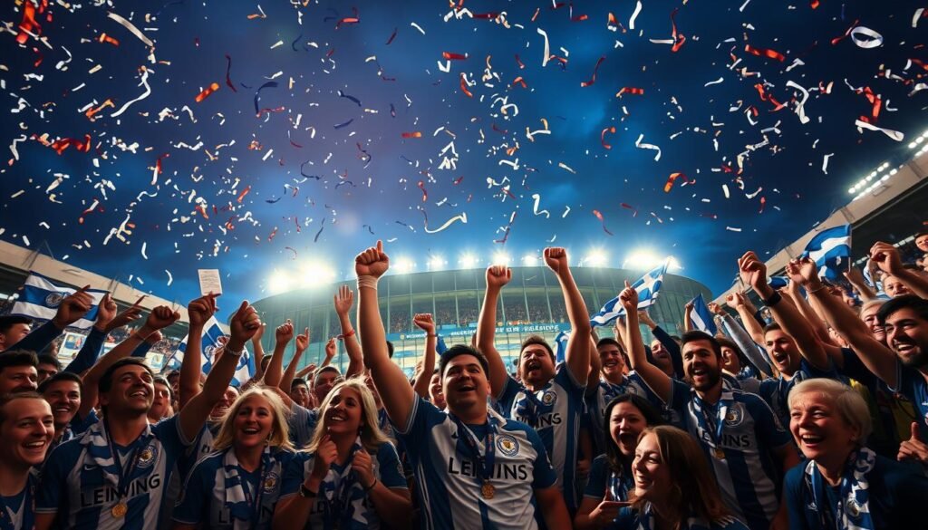 A celebration scene capturing the essence of Leicester City’s historic Premier League victory in 2016. In the foreground, a diverse group of jubilant fans clad in blue and white jerseys cheer with an array of flags and banners, their faces filled with joy and excitement. The middle ground features the iconic King Power Stadium, illuminated under bright floodlights, with confetti cascading from above. In the background, dramatic night skies transition from deep blue to hints of vibrant orange, evoking a sense of triumph. The atmosphere is electric, radiating feelings of hope and determination, symbolizing the underdog spirit. The composition should convey a dynamic angle, as if the viewer is among the crowd, encapsulating the moment of victory without any text or watermarks.