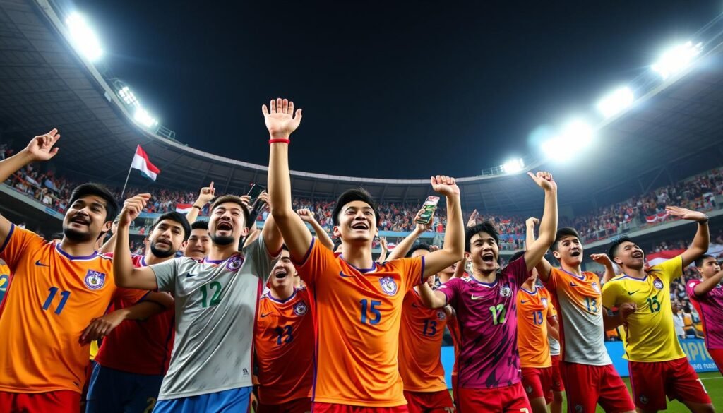 A dynamic scene capturing the excitement of a recent men's football match result at the SEA Games. In the foreground, a diverse group of male football players in vibrant team kits celebrating a victory, showing joyful expressions and raised arms. In the middle ground, ecstatic fans in a stadium filled with flags and banners, cheering passionately, creating an atmosphere of jubilation. The background features a well-lit stadium under bright floodlights, with a clear night sky enhancing the vibrant colors. The image is taken from a low angle to emphasize the players' emotions and the energetic crowd. The mood is electric and triumphant, illustrating the thrill of competition and the impact of the match results.