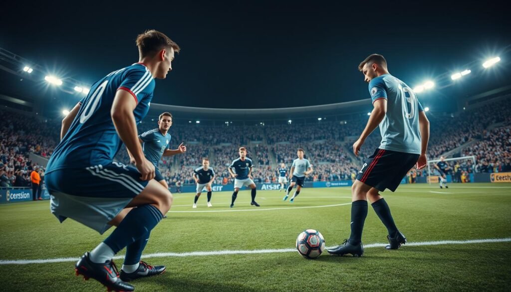 A dynamic scene capturing the psychology and strategy of a free kick execution on a soccer field. In the foreground, a focus on two professional soccer players, one preparing to take the kick, set in sports gear. Their facial expressions should convey concentration and determination. In the middle ground, teammates positioned strategically, offering tactical support, while the opposing team anticipates the kick. The background features a roaring crowd in a stadium under bright stadium lights, creating a vibrant atmosphere, emphasizing the importance of the moment. Use a low-angle shot to enhance the intensity, with a slightly blurred depth of field to keep the focus on the action. The mood is tense yet electric, embodying the critical psychological elements of teamwork and strategy in soccer. A dynamic scene capturing the psychology and strategy of a free kick execution on a soccer field. In the foreground, a focus on two professional soccer players, one preparing to take the kick, set in sports gear. Their facial expressions should convey concentration and determination. In the middle ground, teammates positioned strategically, offering tactical support, while the opposing team anticipates the kick. The background features a roaring crowd in a stadium under bright stadium lights, creating a vibrant atmosphere, emphasizing the importance of the moment. Use a low-angle shot to enhance the intensity, with a slightly blurred depth of field to keep the focus on the action. The mood is tense yet electric, embodying the critical psychological elements of teamwork and strategy in soccer.