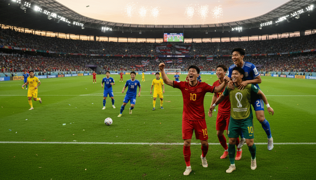 A dynamic scene showcasing Asian football teams asserting their dominance during the 2026 World Cup qualifiers. In the foreground, a diverse group of players from various Asian countries, dressed in colorful team jerseys, passionately celebrating a goal. Their expressions reflect determination and excitement. In the middle ground, an intense match taking place on a vibrant, green football pitch with a cheering crowd in the background, waving flags and banners representing their teams. The atmosphere is electric, illuminated by bright stadium lights casting a dramatic glow on the players and field. A panoramic view captures a sense of unity among Asian nations as they compete fiercely in pursuit of World Cup glory. The image should evoke a spirit of celebration and ambition.