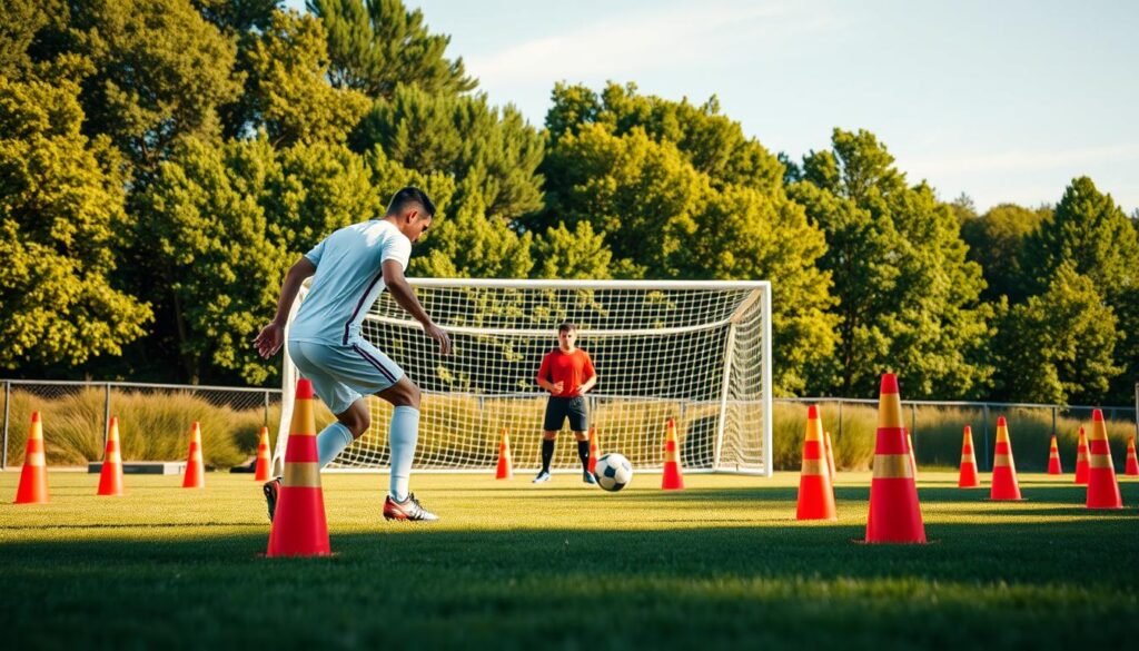 A legendary soccer player showcasing a free kick on a training ground, surrounded by colorful cones and training equipment, dressed in a classic soccer uniform. In the foreground, focus on the player's powerful stance, as he prepares to strike the ball with precision and technique. The middle ground features a goal with a goalkeeper ready to position himself, and behind them, lush green trees and a bright blue sky fill the background. The scene is illuminated by warm, natural sunlight, casting dynamic shadows on the grass. The atmosphere is intense and focused, capturing the essence of rigorous training and dedication in the art of free kicks. A legendary soccer player showcasing a free kick on a training ground, surrounded by colorful cones and training equipment, dressed in a classic soccer uniform. In the foreground, focus on the player's powerful stance, as he prepares to strike the ball with precision and technique. The middle ground features a goal with a goalkeeper ready to position himself, and behind them, lush green trees and a bright blue sky fill the background. The scene is illuminated by warm, natural sunlight, casting dynamic shadows on the grass. The atmosphere is intense and focused, capturing the essence of rigorous training and dedication in the art of free kicks.