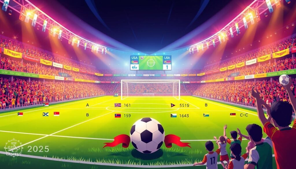 A vibrant and dynamic illustration depicting the standings of the SEA Games 2025 football tournament for Groups A, B, and C. The foreground features a colorful graphic representation of the rankings, with country flags and point tallies artistically arranged. In the middle, soccer-themed elements like a ball and goalposts subtly enhance the theme without overwhelming the standings. The background features a lively stadium atmosphere filled with cheering fans, banners, and a brightly lit scoreboard displaying the latest scores. Use warm, energetic lighting to convey excitement and anticipation, creating a sense of competition. The perspective should evoke a panoramic view of the stadium, immersing viewers in the spirit of the SEA Games.